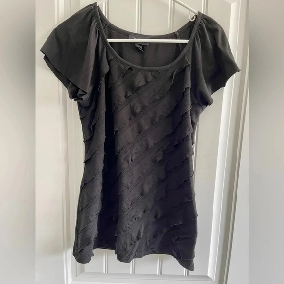 AB Studio Black Flutter Sleeve Ruffle Front Top - Picture 1 of 5